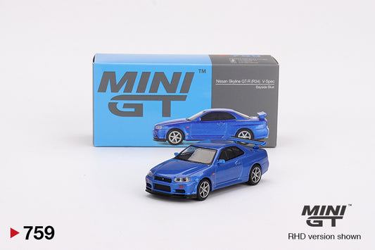 Mô hình xe Mini GT 1:64 Nissan Skyline GT-R (R34) V-Spec Bayside Blue - MGT00759