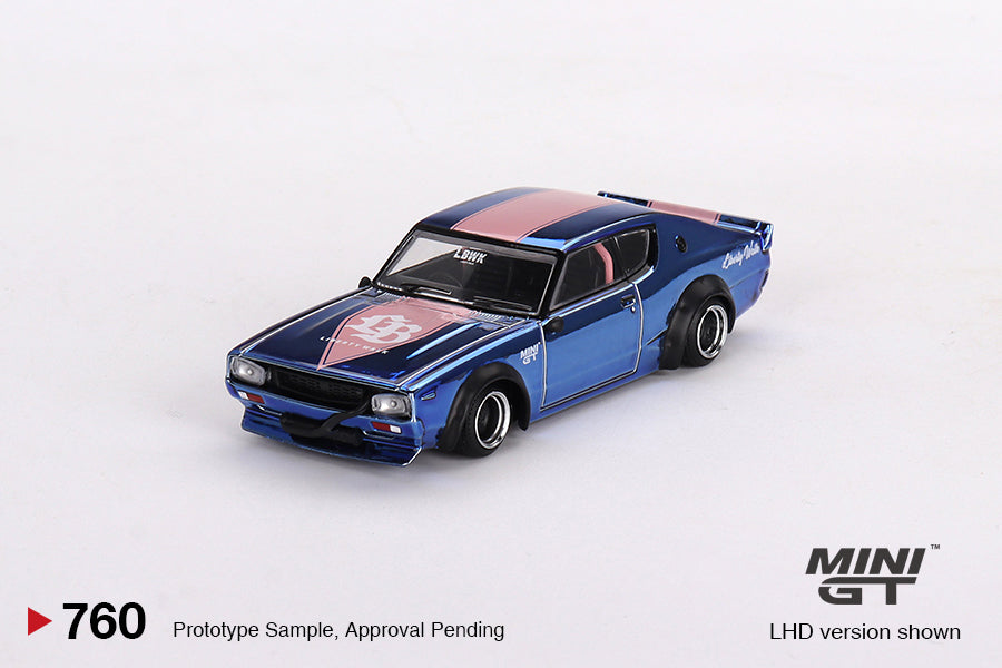 Mô hình xe Mini GT 1:64 Nissan Skyline Kenmeri Liberty Walk Chrome Blue w/ Baby Pink One Night in Beijing - MGT00760