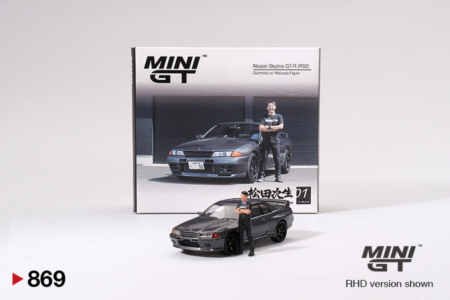 Mô hình xe Mini GT 1:64 Nissan Skyline GT-R (R32) Gunmetal W/ Matsuda Figure Tsugio Matsuda Collection - MGT00869