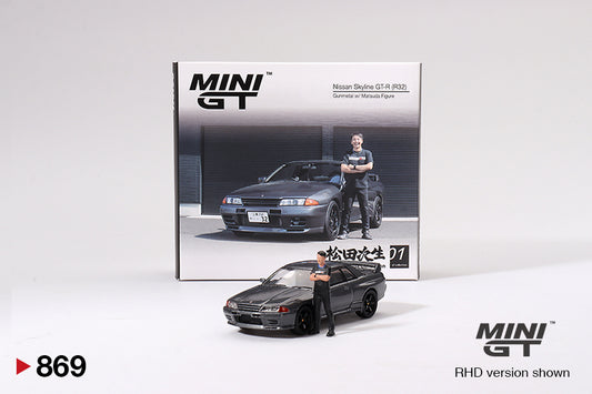 Mô hình xe Mini GT 1:64 Nissan Skyline GT-R (R32) Gunmetal W/ Matsuda Figure Tsugio Matsuda Collection - MGT00869