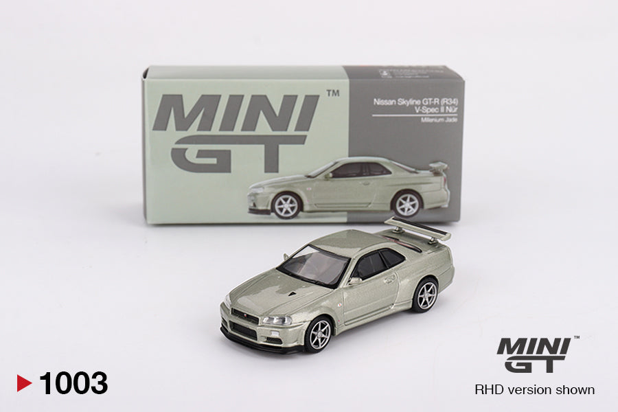 Mô hình xe Mini GT 1:64 Nissan Skyline GT-R (R34) V-Spec II Nür Millenium Jade - MGT01003
