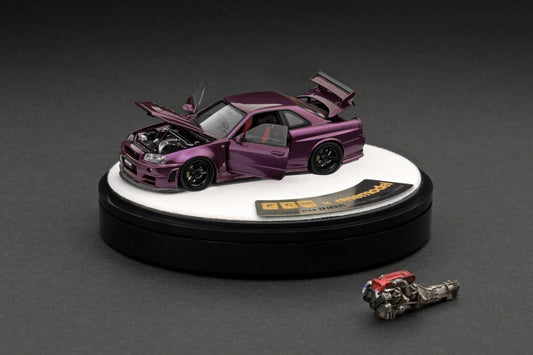Mô hình xe PGM x One Model 1:64 Nissan Skyline GT-R (R34) in Midnight Purple Luxury Version / PGM-641003B