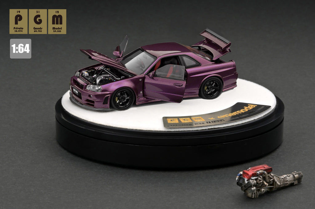 Mô hình xe PGM x One Model 1:64 Nissan Skyline GT-R (R34) in Midnight Purple Luxury Version / PGM-641003B