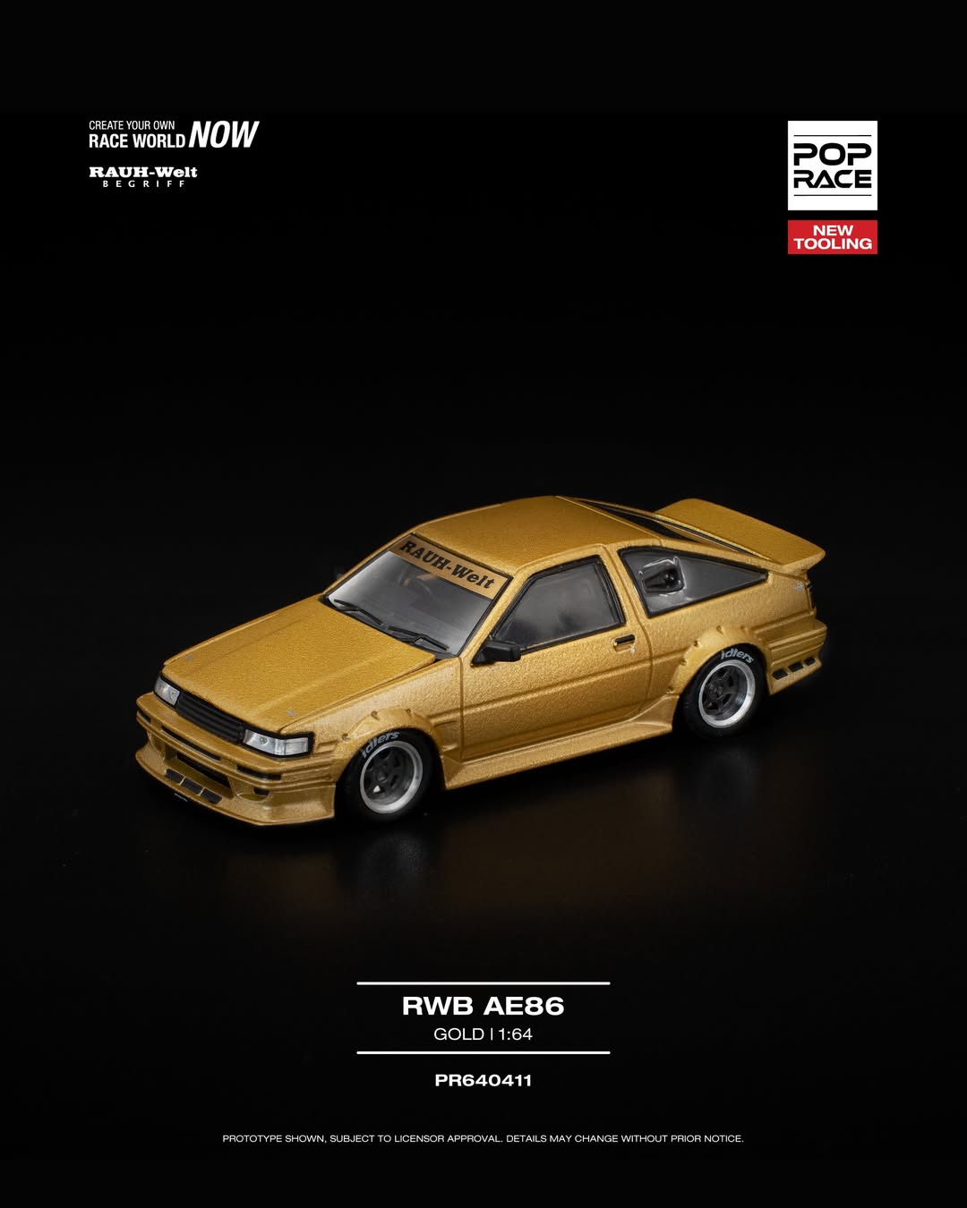 Sắp ra mắt Quý 01/2026 mô hình xe POPRACE 1:64 RWB AE86 GOLD NEW TOOLING PR640411