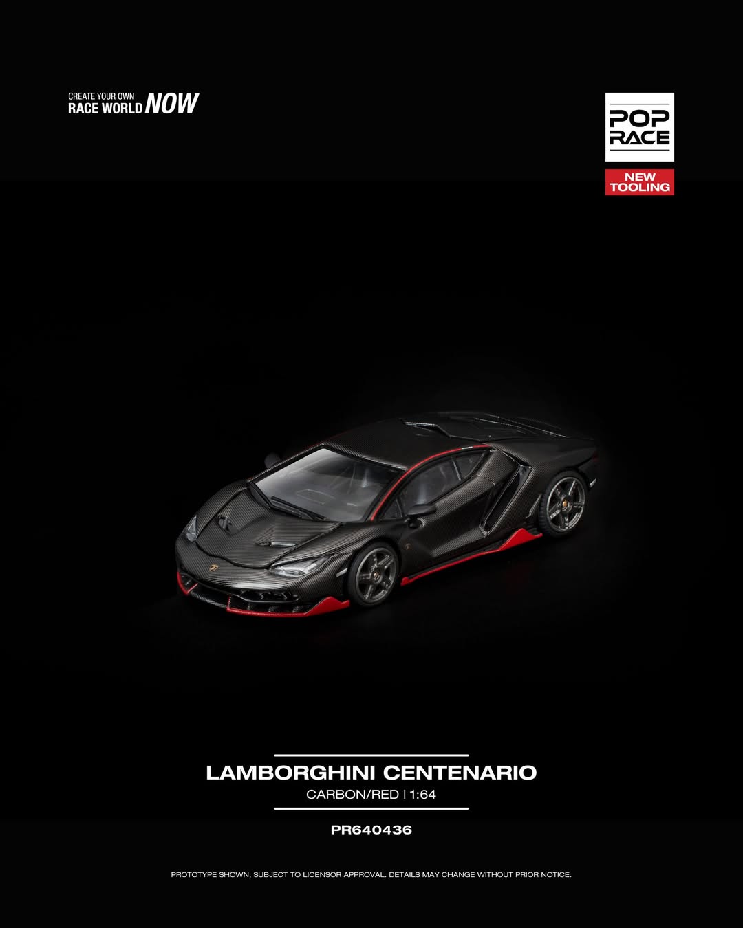 Sắp ra mắt Quý 01/2026 mô hình xe POPRACE 1:64 LAMBORGHINI CENTENARIO CARBON/RED NEW TOOLING PR640436