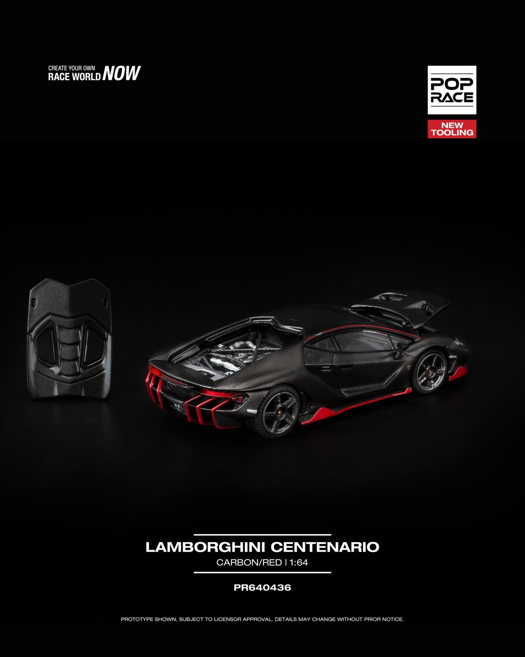 Sắp ra mắt Quý 01/2026 mô hình xe POPRACE 1:64 LAMBORGHINI CENTENARIO CARBON/RED NEW TOOLING PR640436