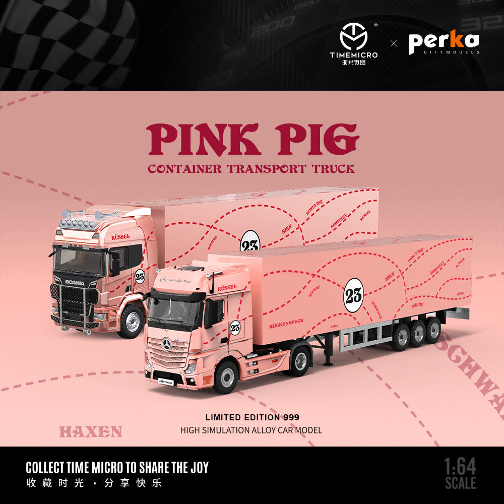[PRE-SALE 08/2025] Mô hình xe Time Micro 1/64 xe tải cứu hộ Scania và Actros Pink Pig