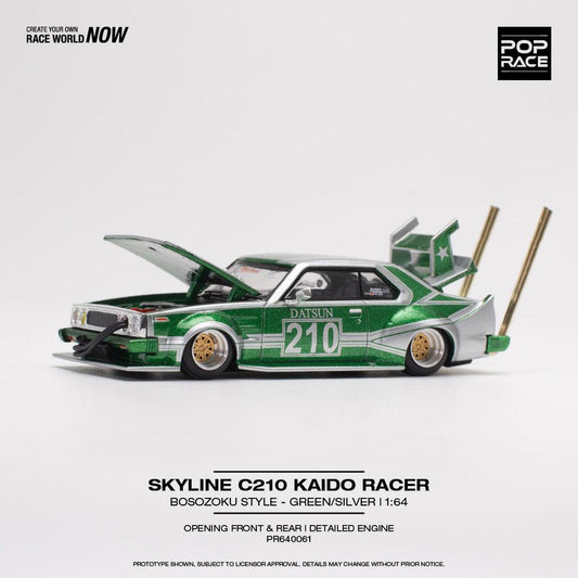 [HÀNG CÓ SẴN] Mô hình xe POPRACE 1:64 SKYLINE C210 KAIDO RACER (BOSOZOKU STYLE) - SILVER/GREEN PR640061