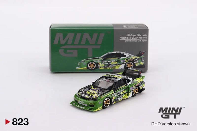 Mô hình xe Nissan LB Super Silhouette S15 SILVIA 555 V2 2024 Formula Drift Japan 1:64 Mini GT #823 Card/Blister
